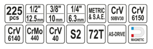 TYÖKALUSARJA 225 OSAA 1/4", 3/8", 1/2" YATO 2