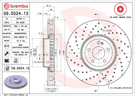 JARRULEVY ETU 360X36MM REI'ITETTY 04.15- (BREMBO SPORT) 09.D524.13